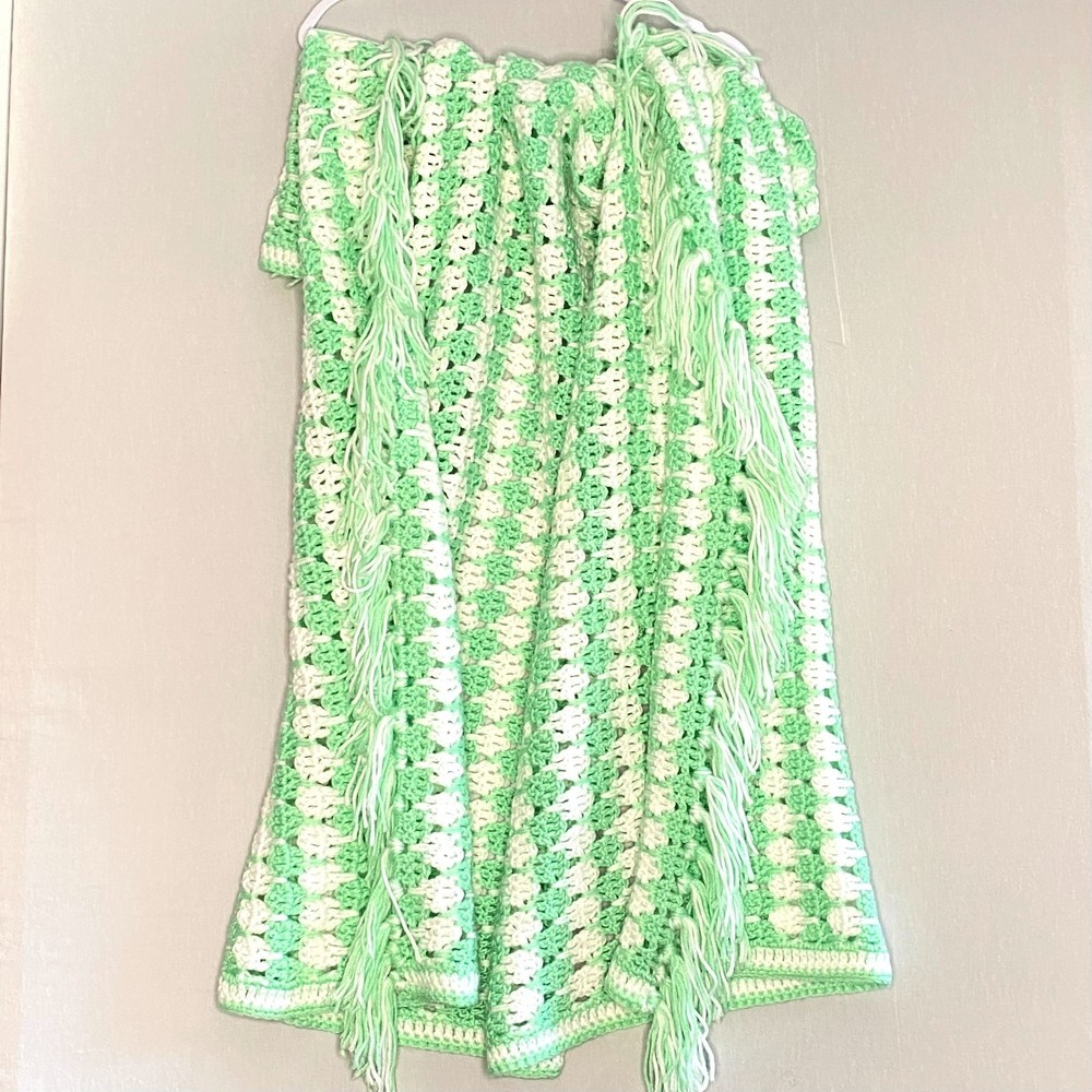 💎Vtg Handmade Green White Crochet Stripe Baby Blanket Afghan Gift